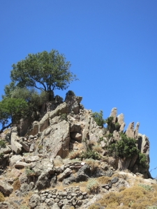 Lava pinnacles reinforced by stone walls, the approach to the ancient fortress of Parletia
